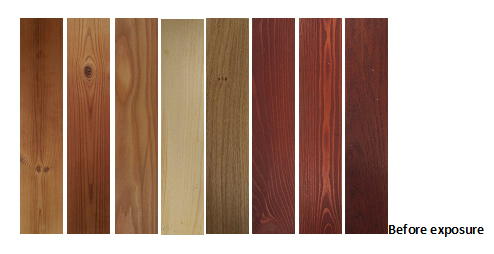 photos of wood coating specimens before exposure on the roof of the CZU building for 12 months: